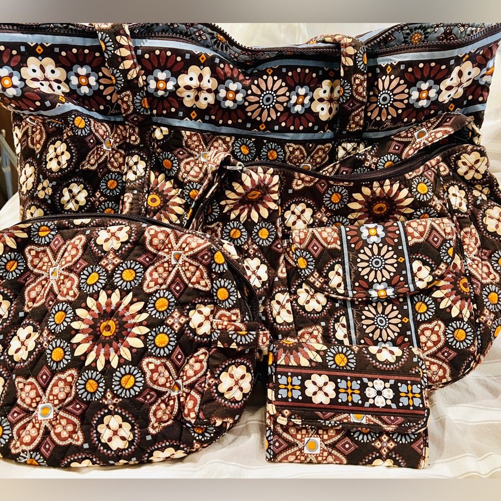 Vera Bradley 4 piece set: large tote, crossbody, large cosmetic bag, wallet